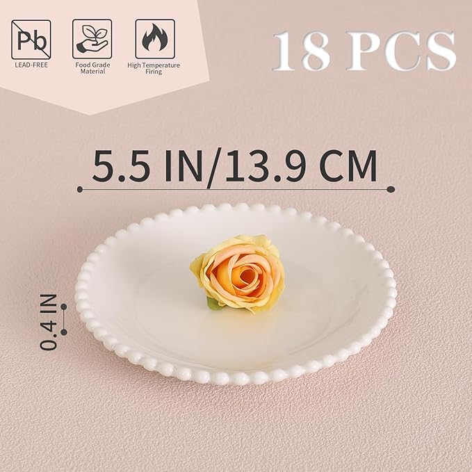 OMAYKEY 5.5 Inch Small Ceramic Dessert Plates Set of 18, Small Appetizer Plates, Porcelain Round Shaped Mini White Plate, for Cake Waffles Snacks Side Dish, Oven Microwave Dishwasher Safe