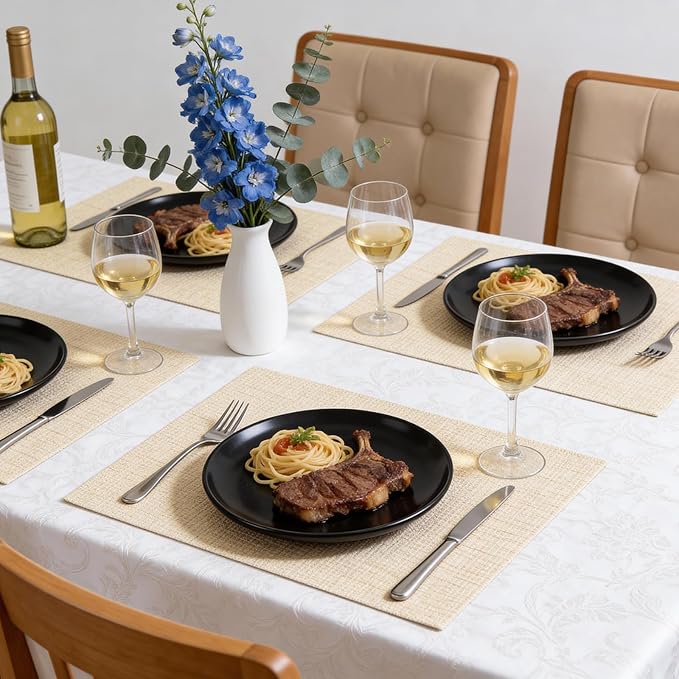 Timeet Placemats Set of 4, Heat Resistant Non-Slip Place Mats for Dining Table, Durable Washable PVC Vinyl Woven Table Mats, Linen Textured Placemats for Kitchen Resistant Easy to Clean(Beige