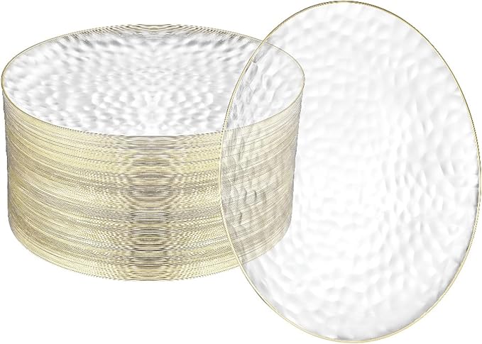 R-kay 100 Pack 7 Inch Clear Plastic Plates - Hammered Gold Rimmed Sturdy, Durable And Extra Heavy duty Gold Plastic Dessert, Appetizer Plates Disposable For All Occasions
