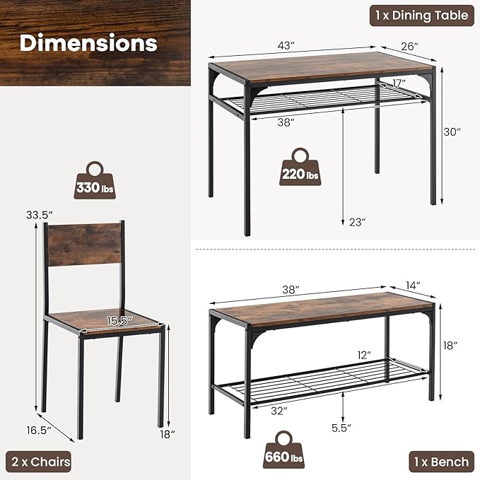 NAFORT Dining Table Set for 4, Kitchen Table with 2 Chairs and Bench, Rustic Wood Dining Set with Metal Storage Shelf, 4-Piece Space-Saving Dinette Sets for Kitchen&Dining Room, Apartment