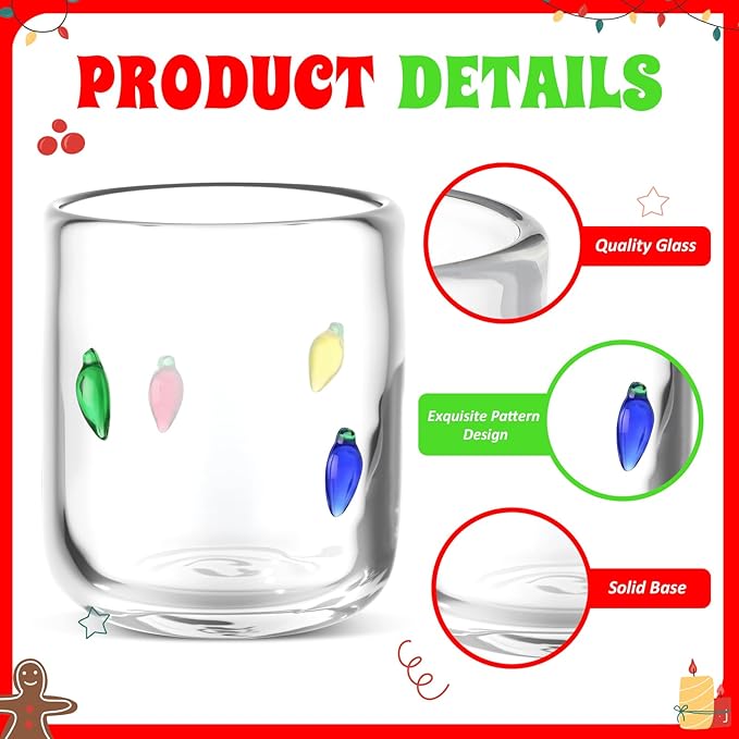 Icon Juice Glasses, 14oz Stemless Wine Drinking Juice Glass Cup for Valentine Party Supplies Gift(2 Pcs,Christmas Bulbs)