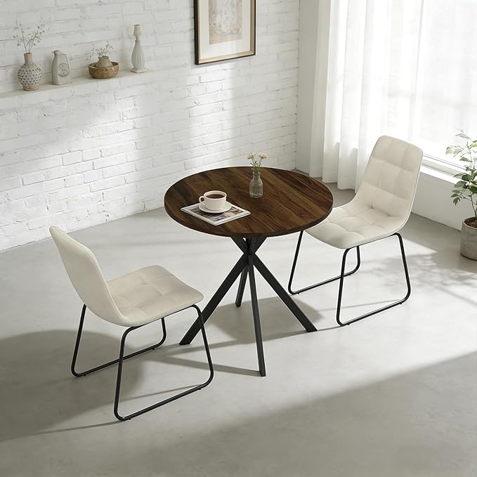 31.5" Round Dining Table Chairs Set for 2, Small Dining Table Chairs Set Space-Saving, Small Dinette Sets for 2 for Kitchen Dining Room Apartment(Walnut Table + Beige Chairs)
