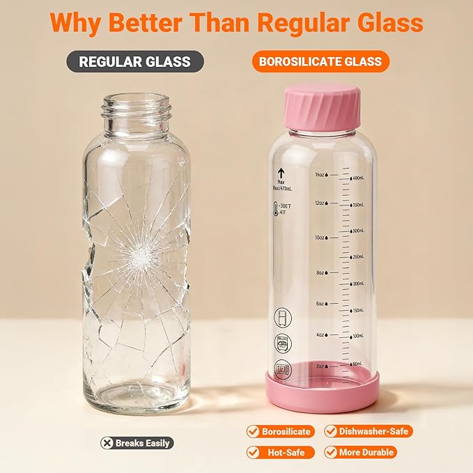 Sursip 16 oz Glass Juice Bottles – 4 Pack Borosilicate Glass Bottles with Lids – Heat-Resistant, BPA Free, Leakproof & Reusable for Juicing, Smoothies, Milk, Protein, Water
