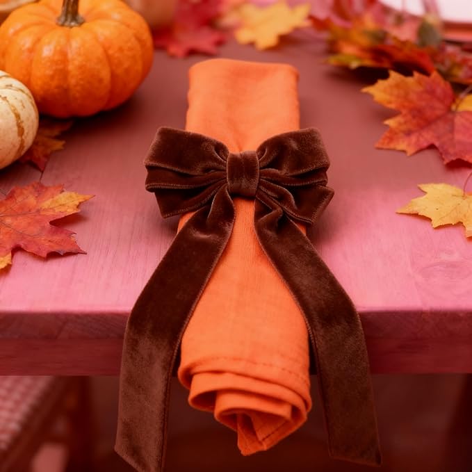 Bow Napkin Rings Set of 6 Luxury Soft Brown Velvet Napkin Holders, Elegant Bow Design for Christmas Holiday Dinner Wedding Party Table Decor