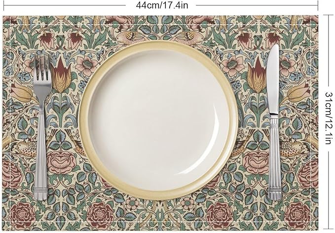 William Morris Placemat Set, Beige Blue Pink Vintage Rustic Art Exotic Ethnic Floral Bird Seamless Pattern Home Decor Linen Table Mats for Dining Room Kitchen Party (17x12in) x2P
