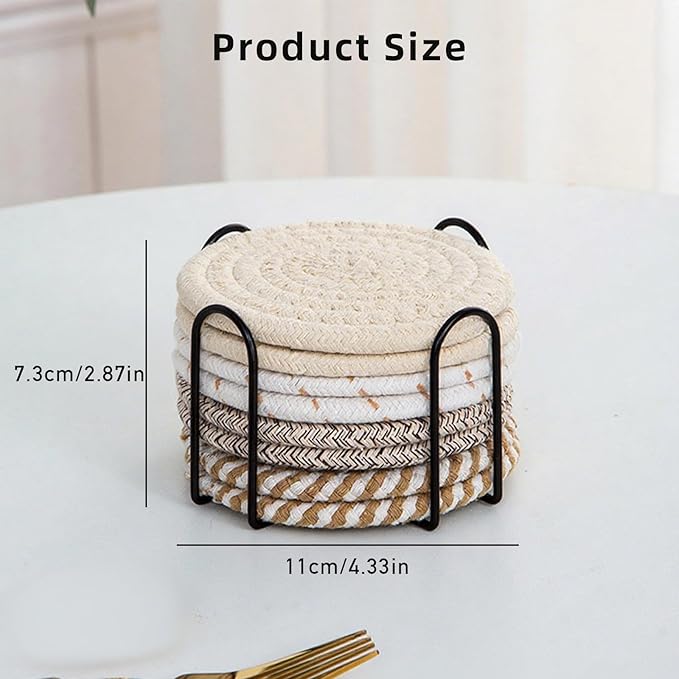 8 Pcs Drink Coasters with Holder, Handwoven Cotton Coasters Set Stackable Absorbent Minimalist Home Decor for Table, Cup, Mug (Mix 8)