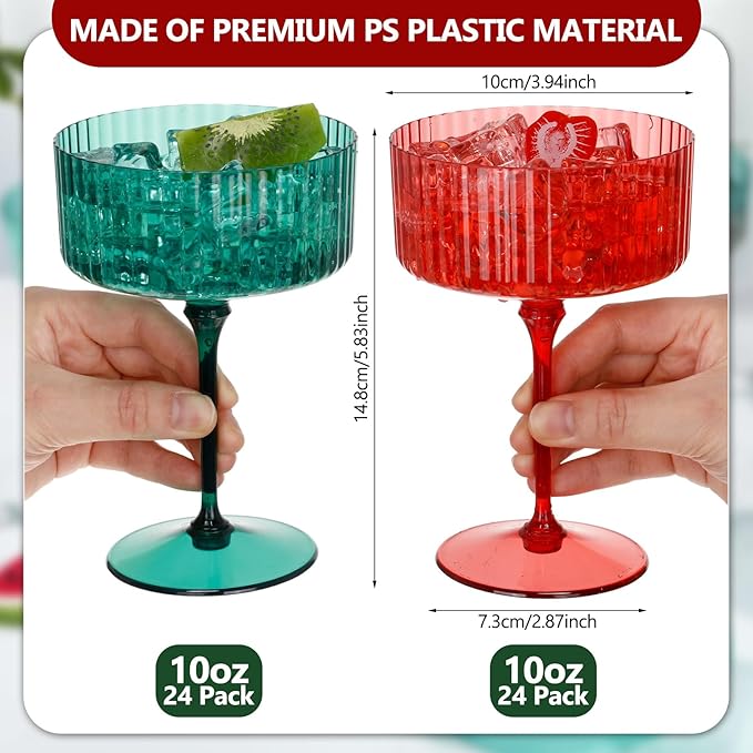 48 Pcs Ribbed Martini Glasses 10 oz Disposable Plastic Vintage Ribbed Coupe Glasses Unbreakable Dessert Parfait Glassware for Wedding Birthday Party Supplies (Red and Green)