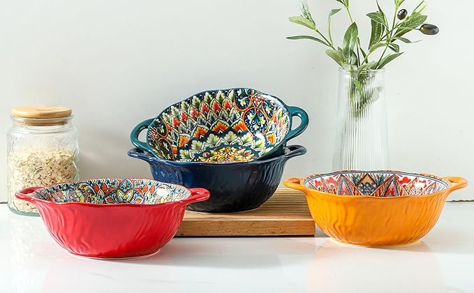Ceramic Large Soup Bowl with Double Handle 9.5 inch Set of 4,32 oz Embossed Bowl Set for Salad, Oatmeal, Dessert, Pasta, Stew, Dishwasher & Microwave Safe - Colorful