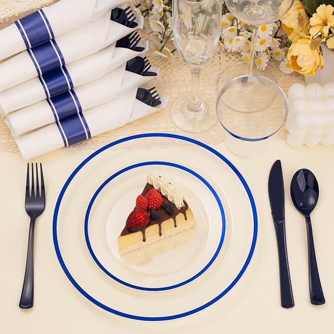 BESTSTAR 350PCS Clear and Blue Disposable Plates Set for 50 Guests, 100 Plastic Plates, 50 Cups, 50 Pre-Rolled Napkins with Plastic Cutlery for Party, Birthday, Thanksgiving, Christmas, Halloween