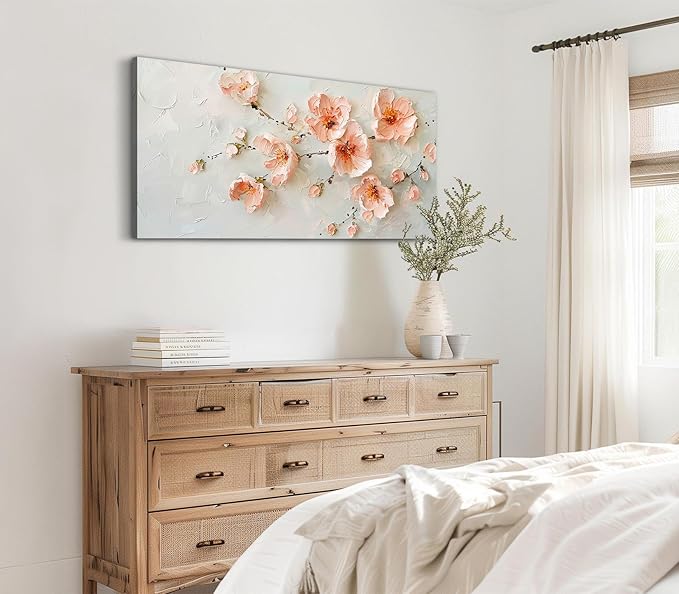 ADJUVANT Wall Art Impressionist Pink Floral 48"L x 24"W, Cherry Blossoms Canvas Painting Soft Petals Artwork Pastel Tones Prints Spring Flowers Wall Decor for Living Room Bedroom Bathroom Home Office