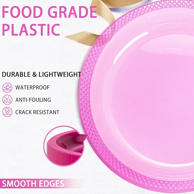 WELLIFE Neon Pink Party Plates 7 Inch -150 Count, Translucent Pink Plastic Disposable Dessert Plates for Fluorescent Neon Theme Party Salad Appetizers Valentine's Day Easter Baby Shower Mother's Day