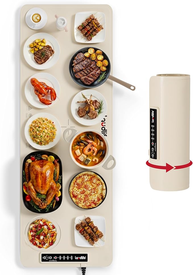 Extra Large Food Warming Mat for Countertop (XXXL 40”x16”) - Full-Surface Heating Pad with 4 Temps Settings, Ideal for Buffet Party Food Warmer, Roll-Up Electric Warming Tray for All Gathering, Beige