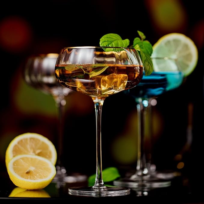Lysenn Vintage Coupe Glasses Set of 4 - Hand Blown Gold Rim Martini Glasses - for Your Next Cocktail & Champagne Party - 9fl oz