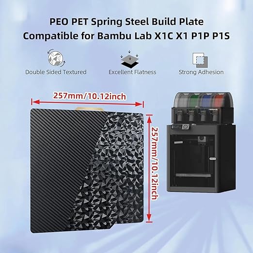 PEO PET Smooth Build Plate for Bambu Lab X1C X1 X1E P1P P1S P2S A1, PEO PET Spring Steel Sheet Flexible Bed Plate for Bambu Labs X1, X1 Carbon, P1P, P1S, P2S, A1 3D Printer Platform