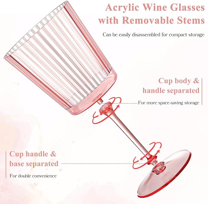 48 PCS Pink Plastic Wine Glasses with Removable Stems 13.5 Oz Pink Ribbed Wine Glasses Square White Wine Glass Muted Pastel Colors Goblets Elegant Fluted Glassware for Wedding Anniversary Birthday