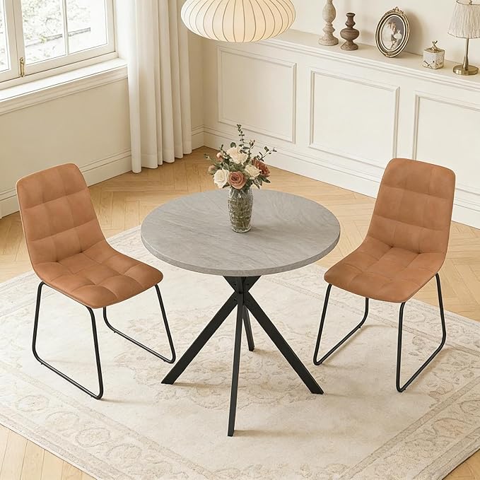 31.5" Round Dining Table Chairs Set for 2, Small Dining Table Chairs Set Space-Saving, Small Dinette Sets for 2 for Kitchen Dining Room Apartment(Gray Table +Brown Chairs)