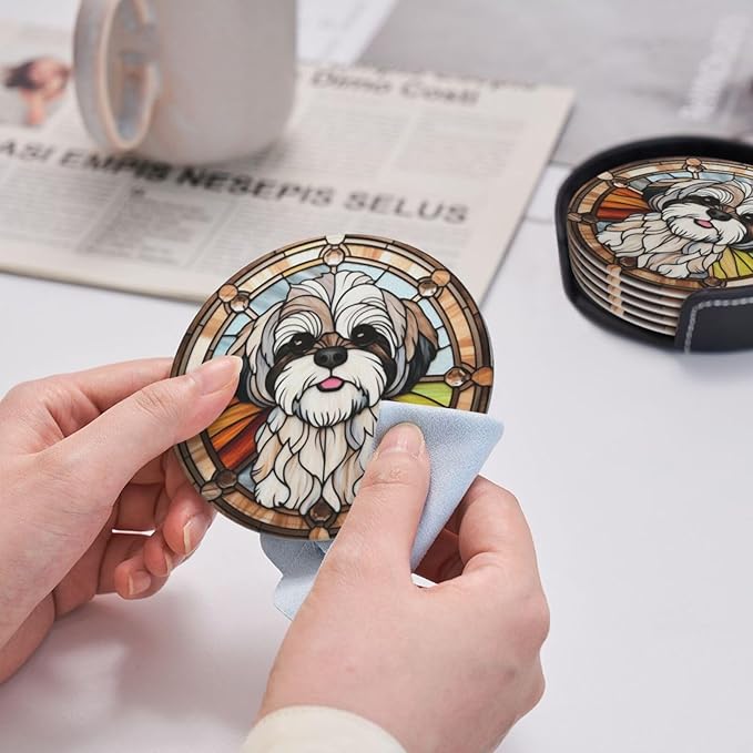 Drink Coaster Set of 6, Shih Tzu Dog Mom Lover Gift,Leather Drink Coasters with Holder,6 Pack Cup/Bar/Drink Coasters for Table/Drinks/Coffee Protection Housewarming Gift