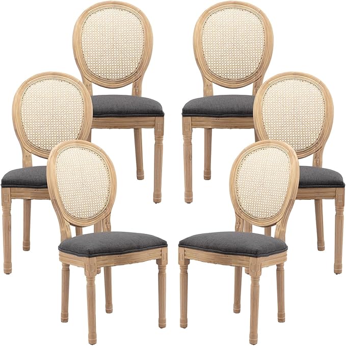 Vintage French Rattan Dining Chairs Set of 6, Solid Wood Frame with Round Rattan Back and Linen Upholstered Seat, Farmhouse Accent Sillas de Comedor Side Chairs for Dining Room & Kitchen, Gray