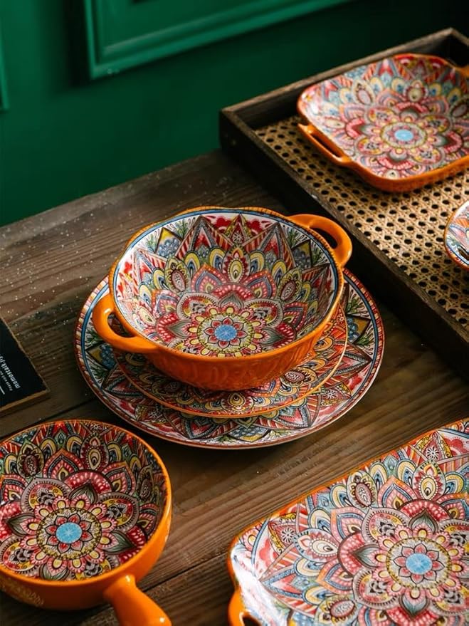 Ceramic Large Soup Bowl with Double Handle 9.5 inch Set of 4,32 oz Embossed Bowl Set for Salad, Oatmeal, Dessert, Pasta, Stew, Dishwasher & Microwave Safe - Colorful
