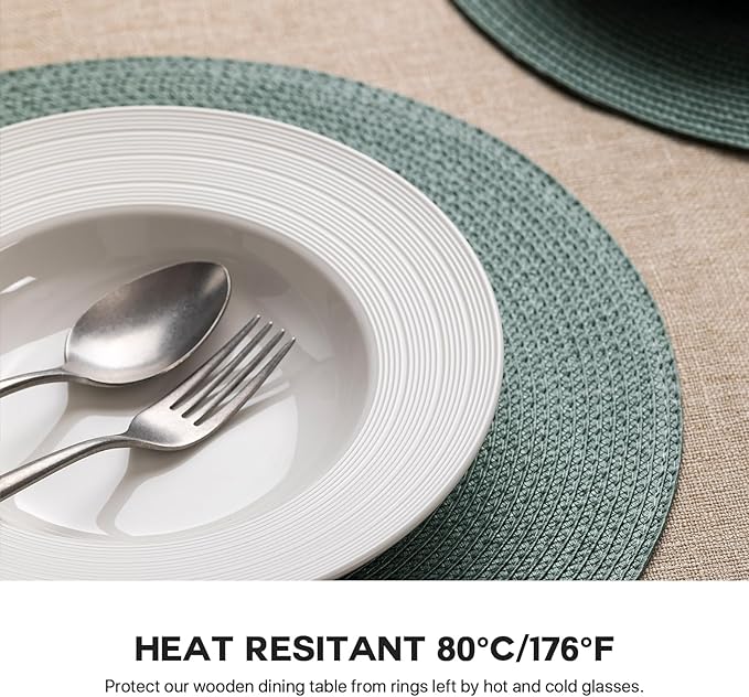 Round Placemats Set of 6 Plastic Woven Placemats Washable Wipeable Table Mats for Dining Table Heat Resistant Non-Slip Circle Place Mats (Dusk Green)