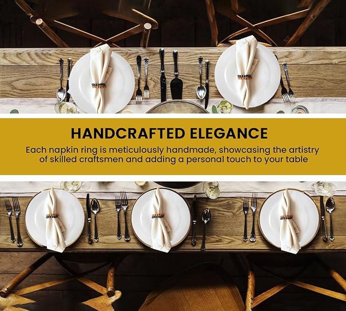 Napkin Rings Set of 6 - Modern Napkin Holder Rings with Wooden Beads | Dinner Napkin Ring for Holiday & Christmas, Birthday Party, & Wedding Decor - Farmhouse Napkin Rings Bulk (Yoko)
