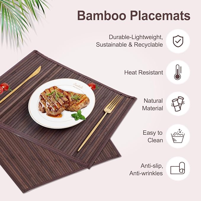 Bamboo Placemats with Fabric Border Set of 4 Natural Bamboo Rectangular Rolling Table Mats for Dining Kitchen Table Heat Resistant Table Protection Dark Brown