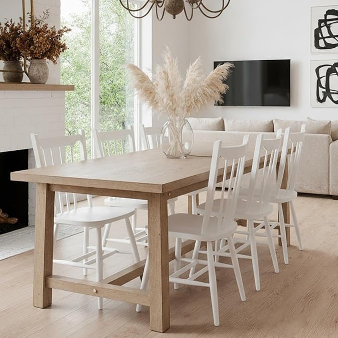 HNY White Windsor Dining Chairs Set of 6, Farmhouse Wooden Kitchen Chairs with Spindle Back, Mid Century Modern Armless Kitchen Side Chair for Dining Living Room Restaurant