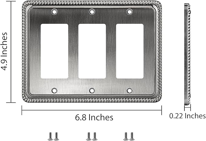 Henne Bery Rope Edge Decorative Wall Plate Switch Plate Outlet Cover (Triple Decorator, Heirloom Silver)