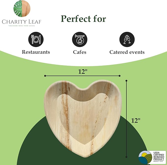 Charity Leaf Disposable Palm Leaf 12" Heart Plates (50 pieces) Bamboo Like Serving Platters, Disposable Boards, Eco-Friendly Dinnerware For Valentines, Weddings, Catering, Events
