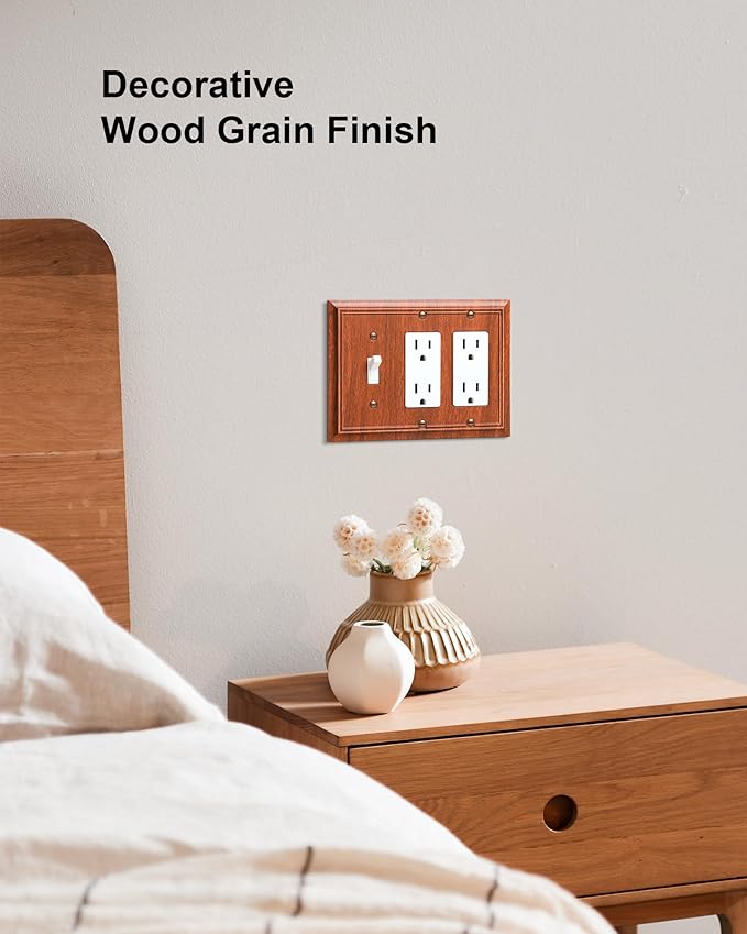 2-Pack Combo Toggle/Double Decorator Outlet Cover Plate, Wood Grain Decorative Switch Plates and Outlet Covers, Durable Natural Bamboo Fiber Wall Plates for Electrical Outlets, Receptacle, GFCI Outlet