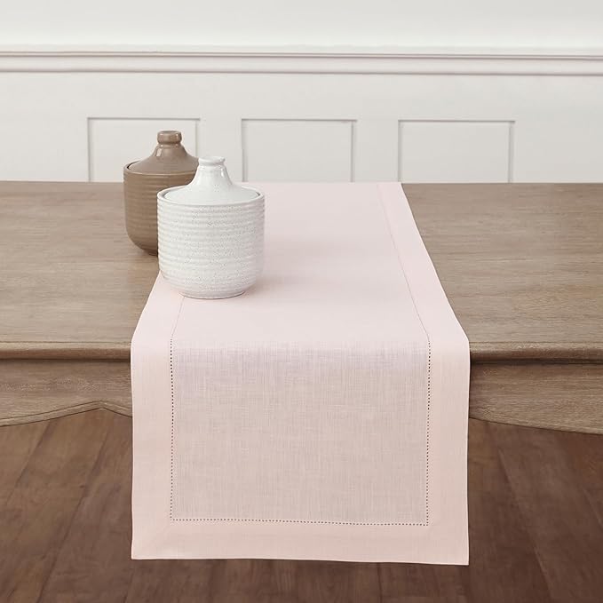 Solino Home Linen Pink Table Runner 72 Inches Long - 100% Pure Linen Hemstitch Table Runner 14 x 72 Inch for Dresser, Dining, Valentines, Spring, Easter - Classic Hemstitch