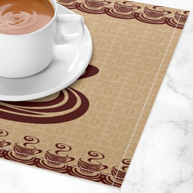 Vintage Coffee Theme Placemat Set, Minimal Rustic Farmhouse Brown Beige Geometric Coffee Cup Beans Seamless Pattern Home Decor Linen Table Mats for Dining Room Kitchen Party (17x12in) x2P