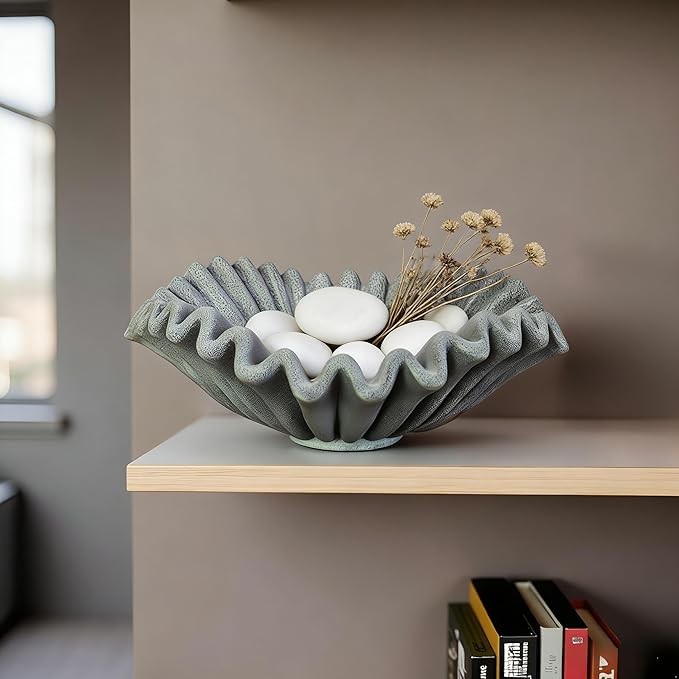 Large Decorative Bowl decor, Scalloped Pedestal Bowls for Modern Home Decor,Ruffle Decor,Stylish Key Bowl for Entry Table,Decorative Fruit Bowl for Kitchen Counter,Artificial Stone Marble Color