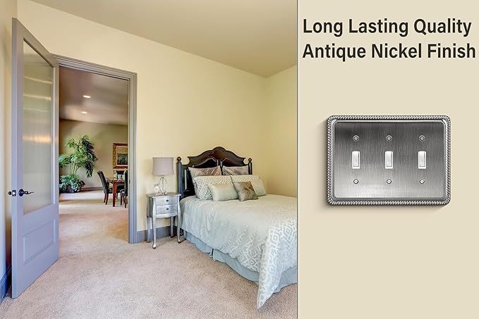 Henne Bery Rope Edge Decorative Wall Plate Switch Plate Outlet Cover (Triple Toggle, Heirloom Silver)