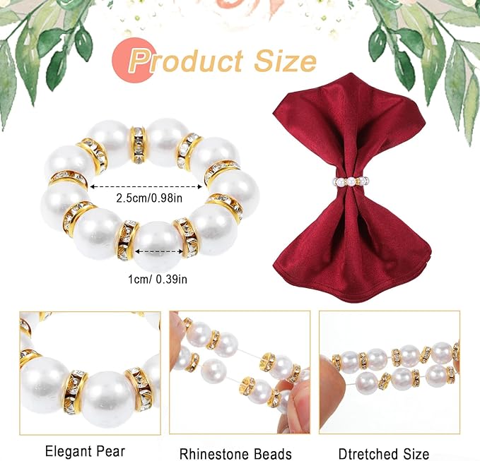 60Pcs Pearl Napkin Rings,Imitation Pearl Beaded Napkin Ring Holder,Serviette Napkins Rings Bulk for Wedding Reception Dinner Table Decor Banquet Home Party (White&Gold, 60Pcs)