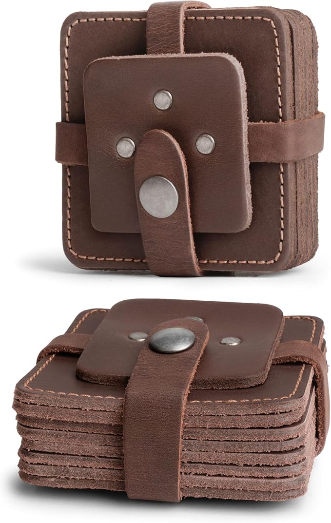 Hide & Drink Leather Coasters Set of 8, Premium Leather Table Protection for Drinks, Elegant Accessory for Home/Office, Protects Surfaces, Bourbon Table Coasters, Bar, Western (Bourbon Brown)