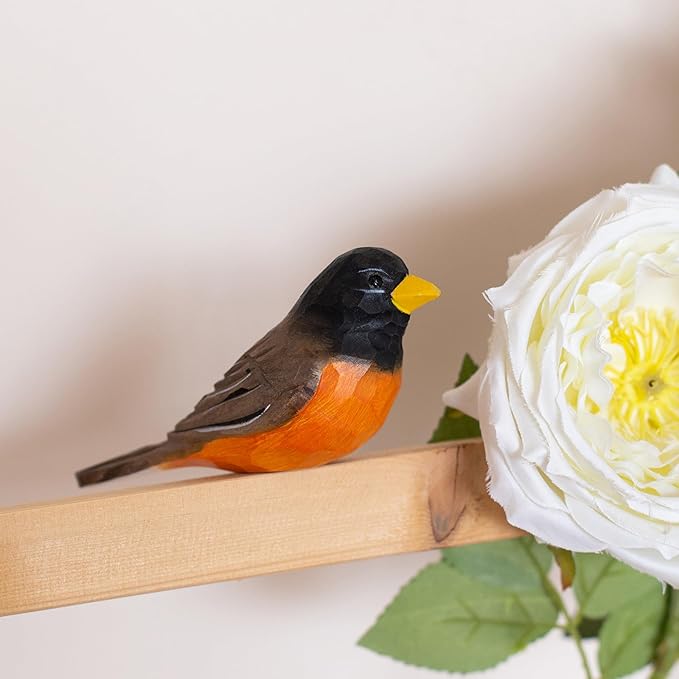 Handmade Wooden Robin Bird Figurine – Songbird Home Decor, Cute Red-Breasted Robin Knick-Knack for Bird Lovers, Unique Gift for Women, Mom, Friends – Rustic Nature Home Ornament