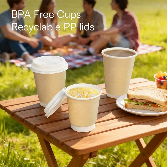Paper Coffee Cups with Lids 12 oz Compostable Hot Cups,50 Pack Insulated Paper Cups with Lids, BPI Certified Natural Kraft To Go Coffee Cups Disposable for Office Coffee Bar Supplies Togo Travel Home