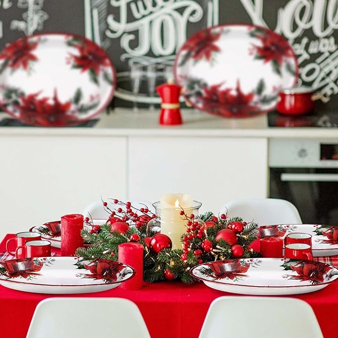 50 Pcs Christmas Oval Plates 10" x 12" Large Disposable 400 GSM Heavy Duty Red Poinsettia Floral Paper Dessert Plates Christmas Birthday Party Decorations for Festive Xmas Theme Dinner Party Supplies