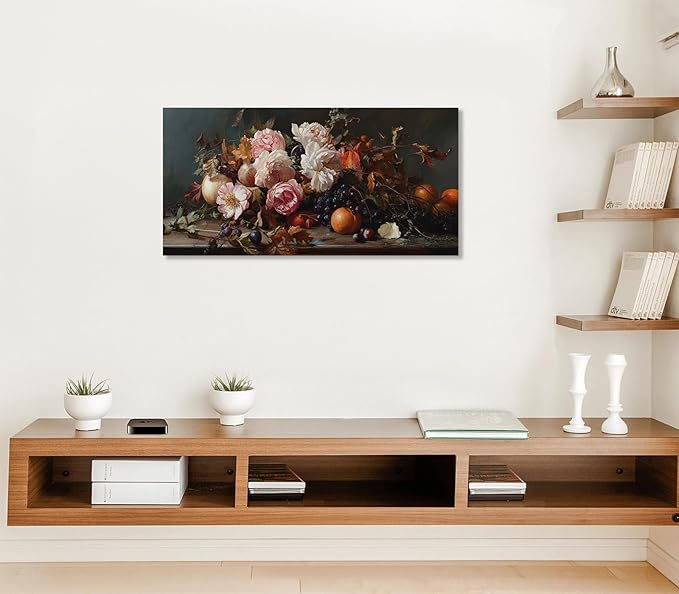 ADJUVANT Wall Art Vintage Floral And Fruit 48" L x 24" W, Peonies With Grapes And Citrus Canvas Painting Prints Graceful Botanic And Fruity Wall Decor for Living Room Bedroom Dining Room Home Office