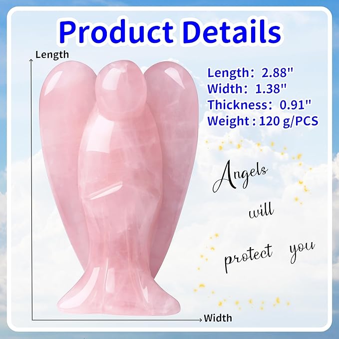 YATOJUZI 3" Rose Quartz Angel Decor Big Hand-Carved Angels Guardian Sculpture Statue Figurines Natural Crystal Stones and Healing Crystals Pink Home Room Office Desk Decoration Wisdom Gifts for Women
