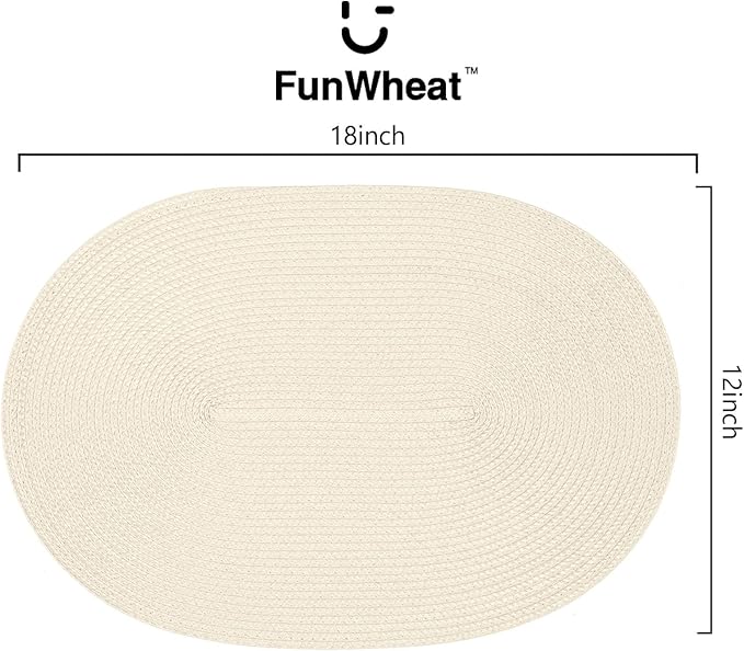 FunWheat Oval Braided Placemats Set of 6 Table Mats for Dining Tables Washable Heat Resistant Place Mats for Indoor Outdoor Use 12 x18 Inch(Oval Beige, 6pcs)