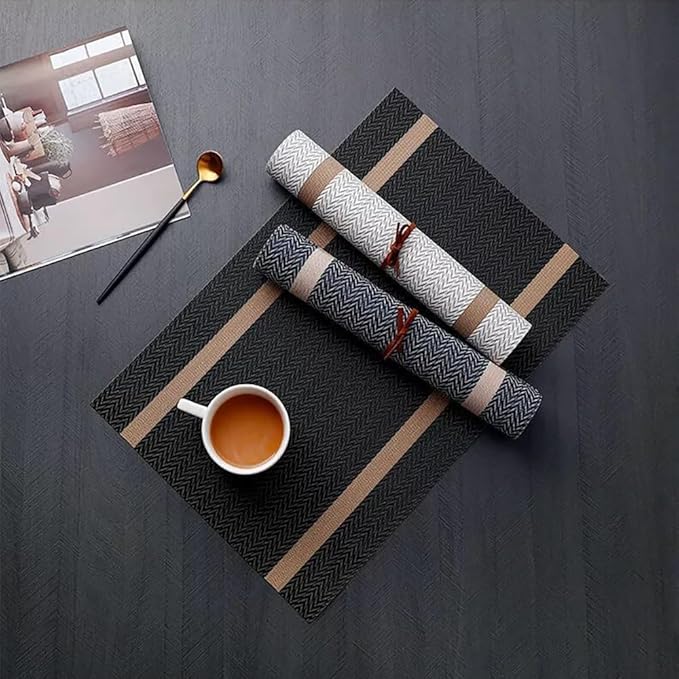 FAVE Placemats Set of 12 Black Placemats Woven with Golden Thread Heat Resistant 12 Vinly Place Mats for Wedding, Banquet, Birthday, Party, Restaurant (Black, 12"x18"-12PCS)