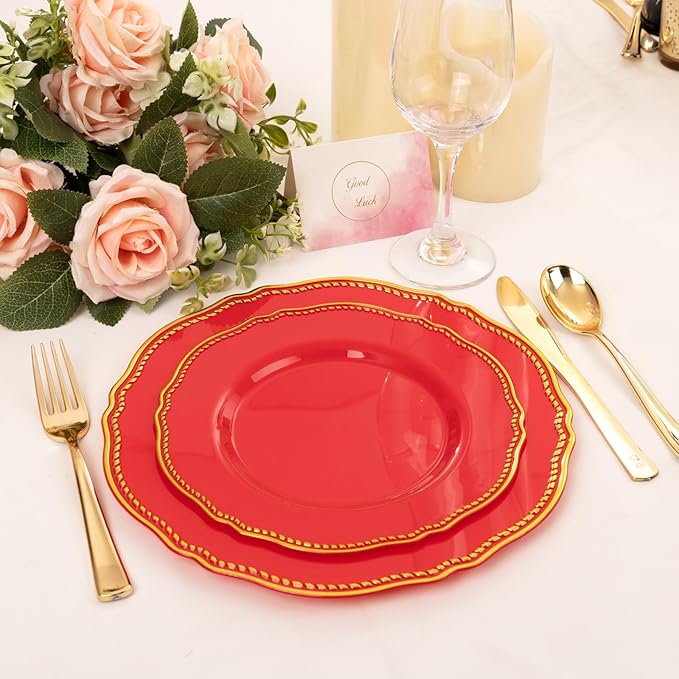Hioasis 60pcs Red Plastic Plates - Red and Gold Disposable Dinnerware with Gold Rim, Heavy-duty, 7.5 inch, Dessert Plates for Party & Christmas
