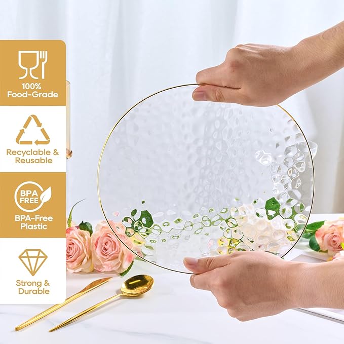 FOCUSLINE 60Pcs Clear Plastic Plates, Clear Disposable Plates with Gold Rim, 30 7" Salad Dessert Plate and 30 10" Dinner Plate Heavy-duty Hammered Plates for Party, Wedding