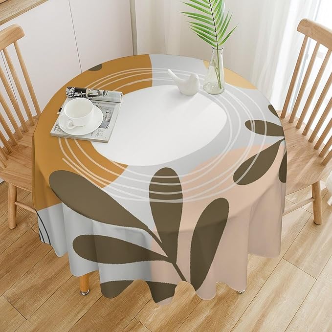 Boho Mid Century Round Tablecloth, Bohemian Abstract Modern Leaves Tablecloth for Home Party Dining Room Kitchen Decor 60Inch(152cm)