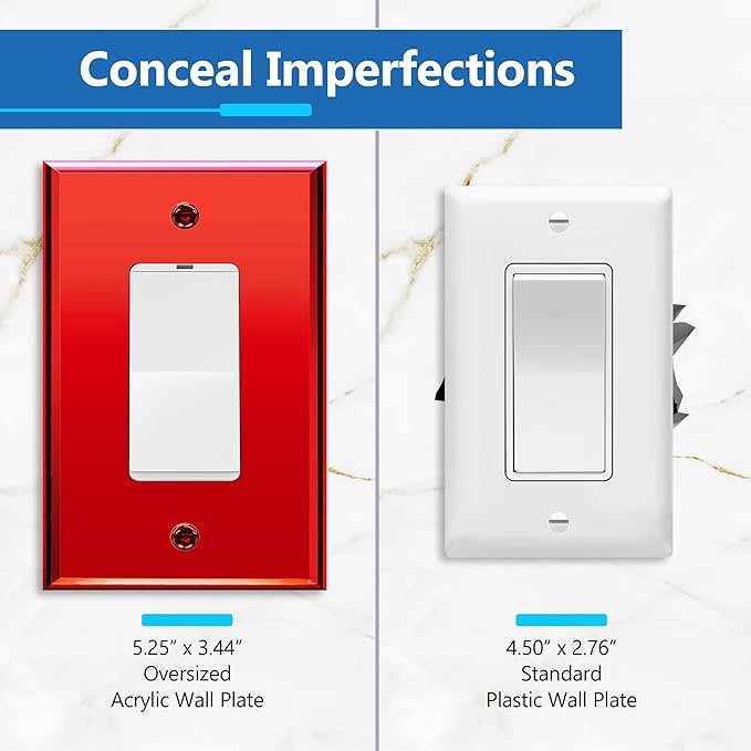 LIDER Reflective Acrylic Decorator Wall Plate, Mirrored Light Switch Plate, Plexiglass Outlet Cover, Acrylic Glass, Oversized 1-Gang 5.25" x 3.44", LWP-31O-ARD5P, Red, 5 Pack