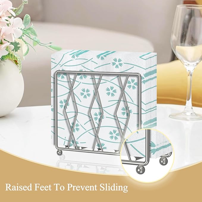 Napkin Holder for Table, Modern Metal Napkin Holders for Paper Napkins & Kitchen Dining & Countertops, Cocktail Upright Napkin Holder Dispenser Suitable for All Room Decors (Large, Silver)