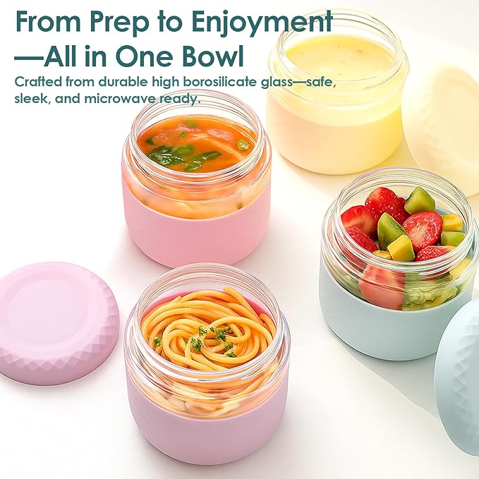 24 oz Glass Lunch Bowl Containers with Lids 2 Pack | Leak & Spill Proof, BPA-Free, Microwave & Dishwasher Safe | Airtight Meal Prep & Food Storage Jar for Lunch, Salad, Soup, Oats, Stew, Yogurt