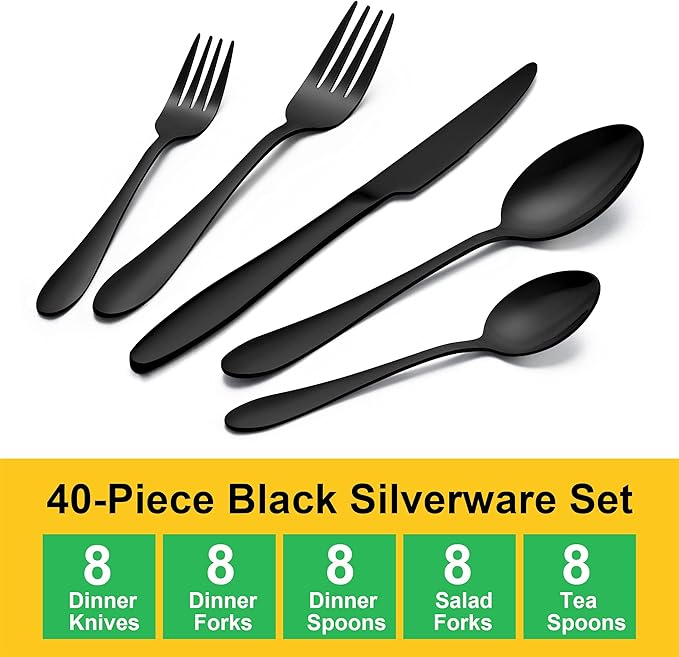 LIANYU 40-Piece Black Silverware Set for 8, Stainless Steel Flatware Cutlery Set, Tableware Eating Utensils Include Forks Knives Spoons, Mirror Polished, Dishwasher Safe